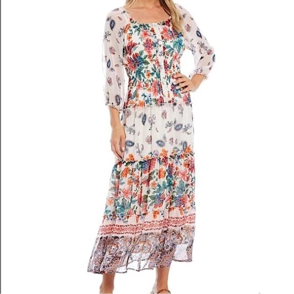 Veronica Multi Floral Block Print Off-the-Shoulder Tiered Maxi Dress NWT Small - Picture 3 of 7